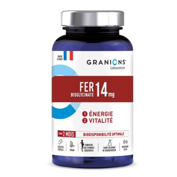 Granions de Fer - 60 gélules - Haute biodisponible (Bisglycinate de fer) - Convient aux femmes enceintes- Energie et vitalite