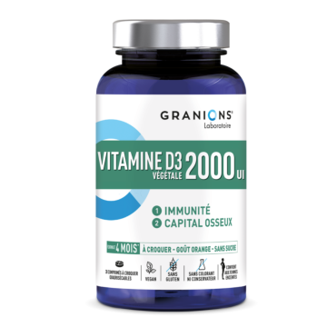 Granions - Pilulier vitamine D3 à croquer - Sans sucres - 2000 UI - Vegan