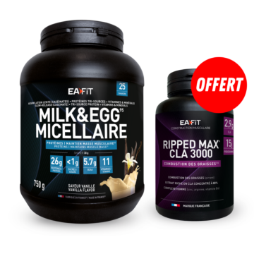 Pack Hypra Sèche - Milk and Egg Micellaire + Ripped CLA 3000 offert - Définition Musculaire extème !