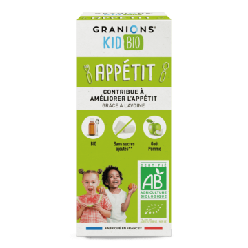 GRANIONS Kids Bio Sirop goût pomme aide à stimuler l'appétit de votre enfant. Il n'aimera pas les légumes pour autant mais au moins il aura assez faim pour les manger !