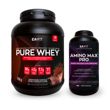 Pack 100% Whey Double Chocolat : pour une prise de muscle ultra rapide ! Contient 1 pure whey double chocolat 750 g et 1 amino gold 250 comprimés