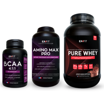 Pack croissance musculaire chocolat eafit : pure whey 2.2 kg + amino max pro + bcaa