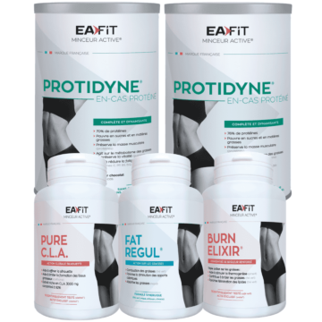 Pack perte de poids femme inactive : pour maigrir sans faire de sport avec EAFIT Protidyne, EAFIT Pure CLA, EAFIT Fat Regul et EAFIT Burn Elixir.