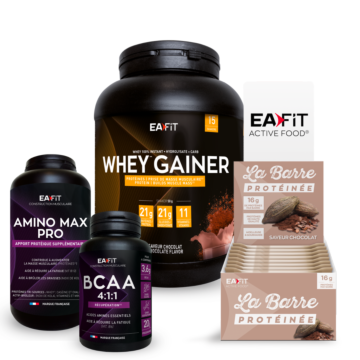 Pack Prise de Masse - Chocolat : Whey gainer + Amino max pro + bcaa + 24 barres protéinées