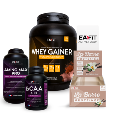 Pack prise de masse vanille EAFIT : Whey gainer + Amino max pro + bcaa + 24 barres protéinées