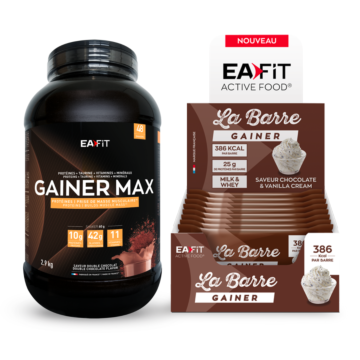 Pack de 2 produits pour la prise de poids et l'apport calorique : 1 gainer max double chocolat 2,9 kg EAFIT et 1 boite de 16 barres gainer choclat and vanilla cream EAFIT