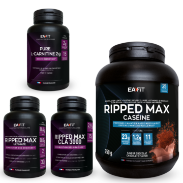 Pack sèche sportive chocolat : ripped max caséine chocolat + Pure L carnitine 2 g + Ripped Max Cla + Ripped Max Ultimate