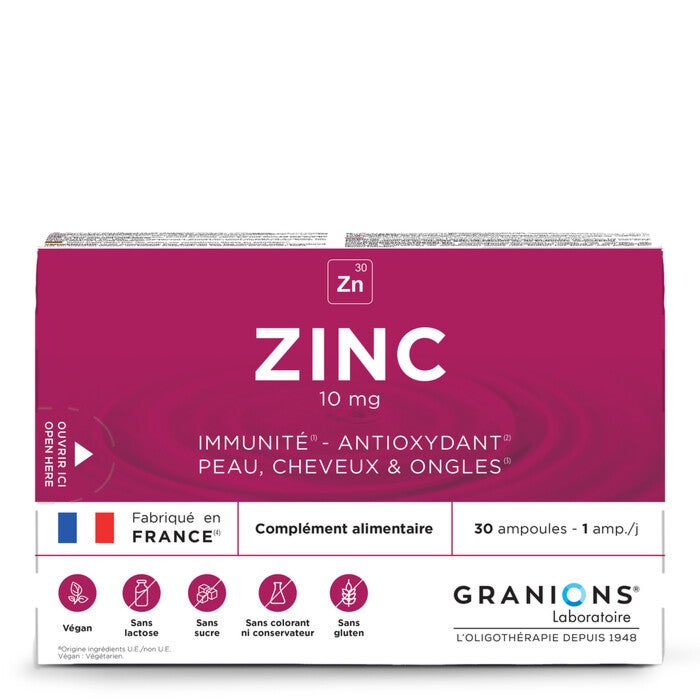 GRANIONS de Zinc 10 mg - face - Contribue à l'immunité, la préservation du stress oxydatif, la croissance des cheveux et des ongles