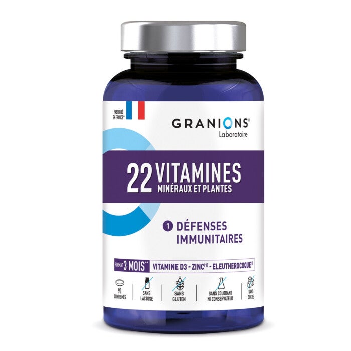 22 vitamines et minéraux GRANIONS -Vitamine A, B, C, E, D3 - Oligoélément, Zinc, Sélénium 22 vitamines et minéraux GRANIONS -Vitamine A, B, C, E, D3 - Oligoélément, Zinc, Sélénium