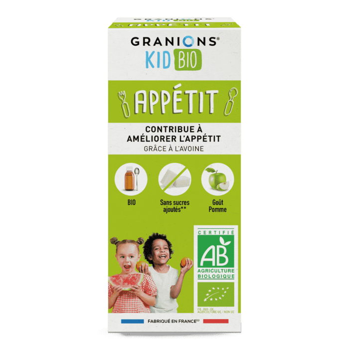 GRANIONS Kids Bio Sirop goût pomme aide à stimuler l'appétit de votre enfant. Il n'aimera pas les légumes pour autant mais au moins il aura assez faim pour les manger !