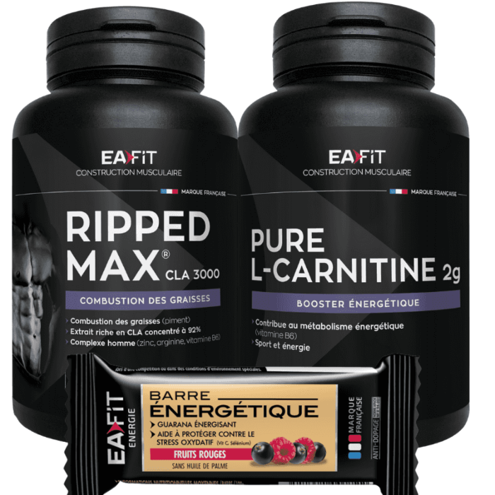 Pack Fitness Homme Fruits Rouges - EAFIT Pure L-Carnitine 2g + EAFIT Ripped CLA 3000+ EAFIT 24 Barres Inergy fruits rouges - Energie et Sèche pour les hommes sportifs !