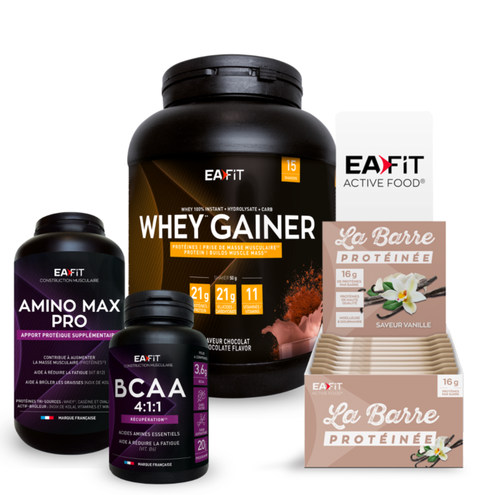 Pack prise de masse vanille EAFIT : Whey gainer + Amino max pro + bcaa + 24 barres protéinées