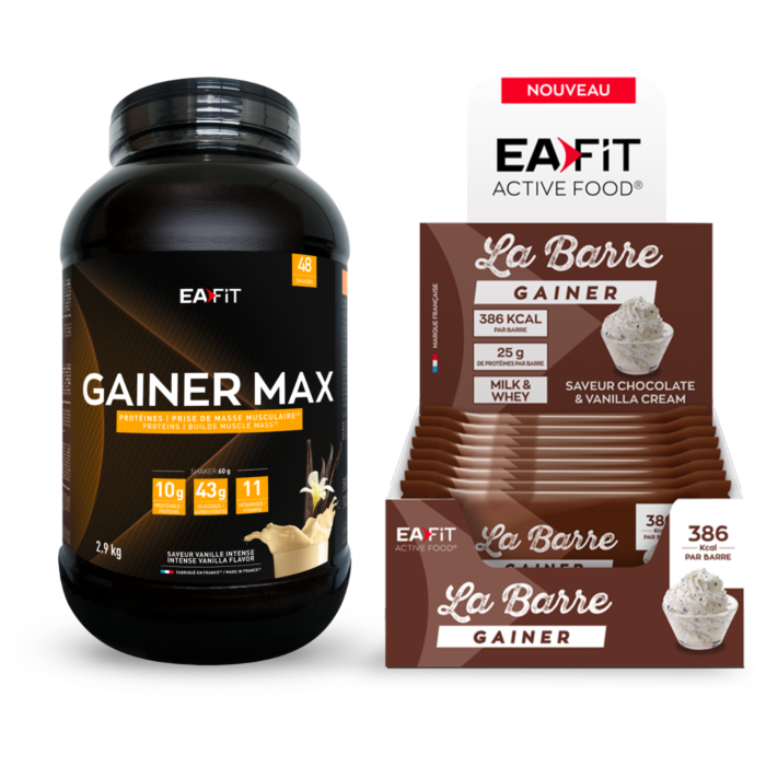 Pack de 2 produits pour la prise de poids et masse comprendant 2 produits : 1 gainer max 2,9 kg vanille intense EAFIT et 1 boite de 16 barres gainer chocolat and vanilla cream