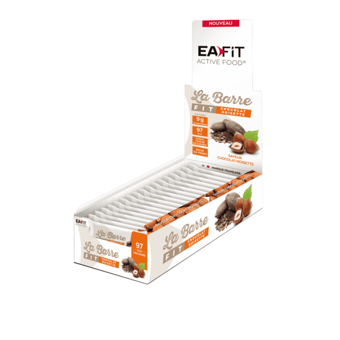 EAFIT La Barre Fit - présentoir de 32 barres - Saveur chocolat noisette. Un en cas sain, riche en protéines et en fibres et pauvres en sucres.